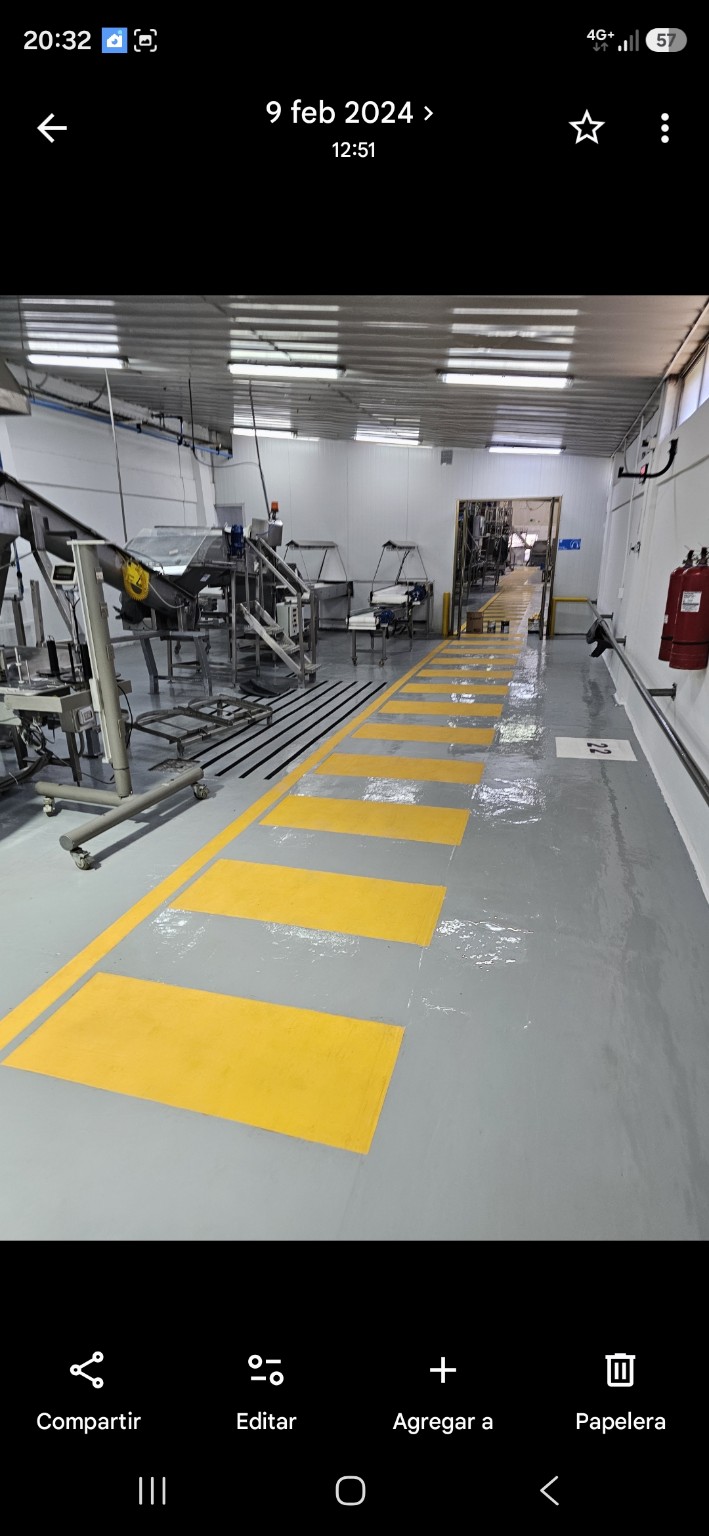 Piso industrial gris con demarcación amarilla en una planta de procesos
